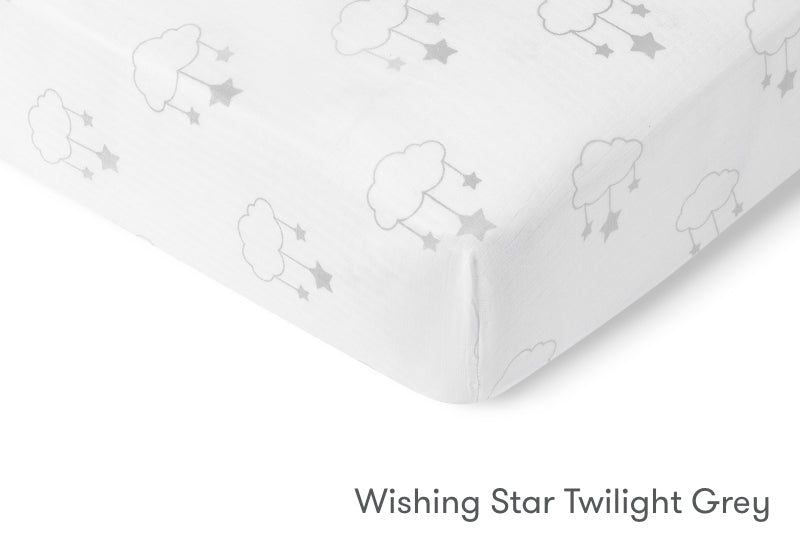 Close-up of a white sheet with a pattern of clouds and stars, labeled "Wishing Star Twilight Grey." 999-3020-WSW 999-3520-WSW