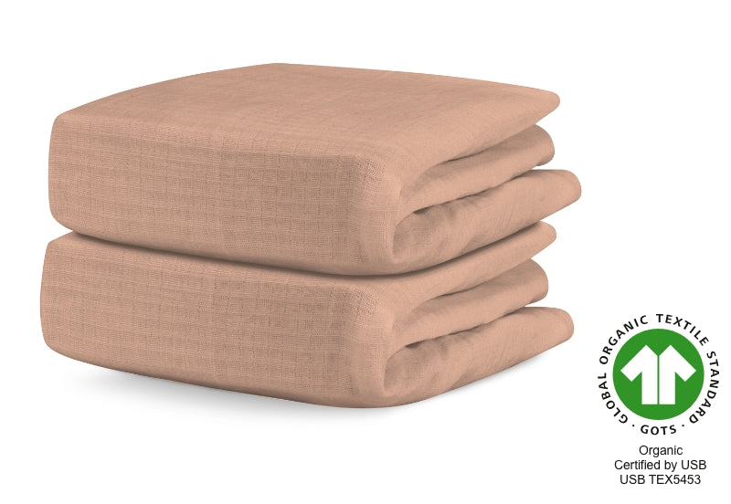 Three folded organic baby blankets in taupe color with GLOBAL ORGANIC TEXTILE STANDARD (GOTS) certification logo. 999-3020-CLY 999-3520-CLY
