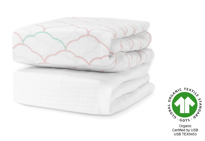 Two stacked organic cotton baby blankets with a delicate cloud pattern, certified by GOTS and USB TEX5453. 999-3020-PDW 999-3520-PDW