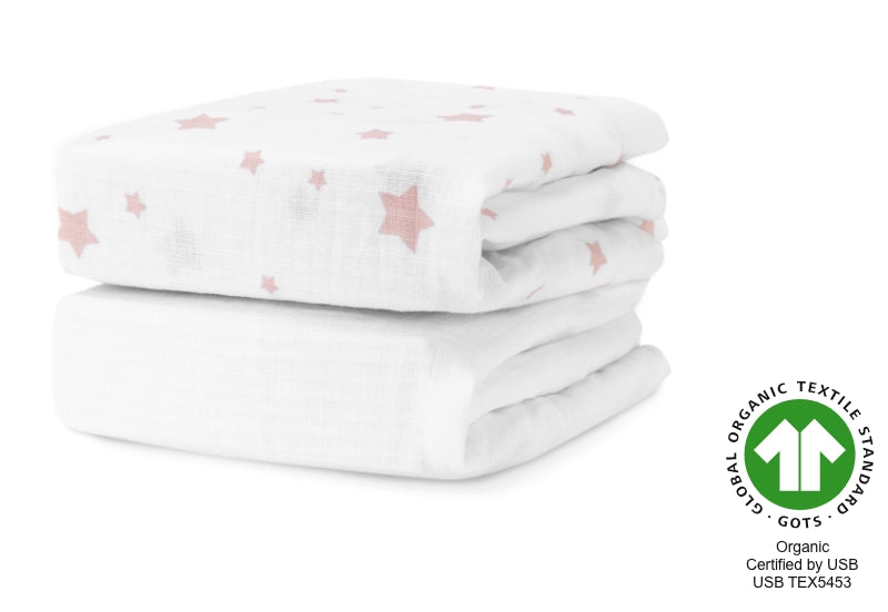 Stack of two baby blankets, the top one featuring a star pattern, labeled with the Global Organic Textile Standard (GOTS) logo and certified as organic by USB, certification number USB TEX5453. 999-3020-PSW 999-3520-PSW