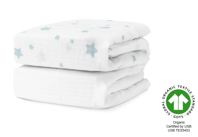 Stack of two baby blankets, the top one featuring a star pattern, labeled with the Global Organic Textile Standard (GOTS) logo and certified as organic by USB, certification number USB TEX5453. 999-3020-SDW 999-3520-SDW