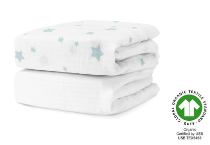 Stack of two baby blankets, the top one featuring a star pattern, labeled with the Global Organic Textile Standard (GOTS) logo and certified as organic by USB, certification number USB TEX5453. 999-3020-SDW 999-3520-SDW