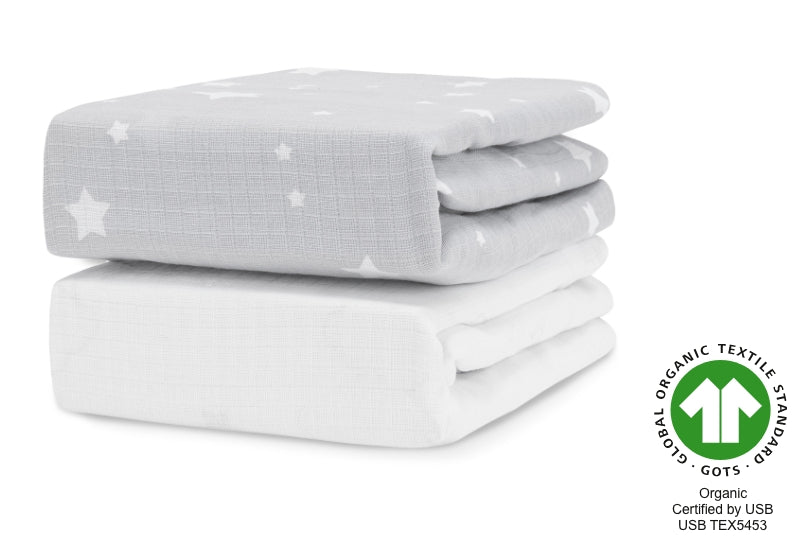 Stack of four baby blankets, with top one in gray featuring a white star pattern, certified by GOTS and USB (USB TEX5453) as organic textiles. 999-3020-SGW 999-3520-SGW