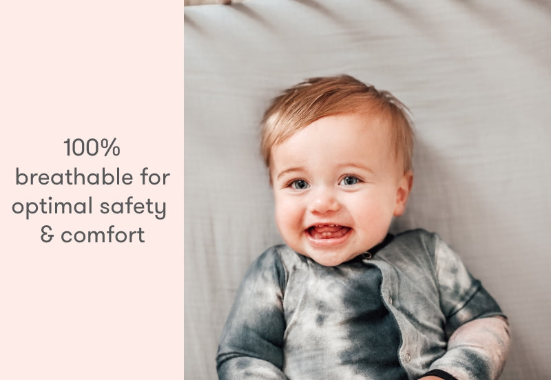 Smiling baby lying on a breathable sheet with text "100% breathable for optimal safety & comfort". all