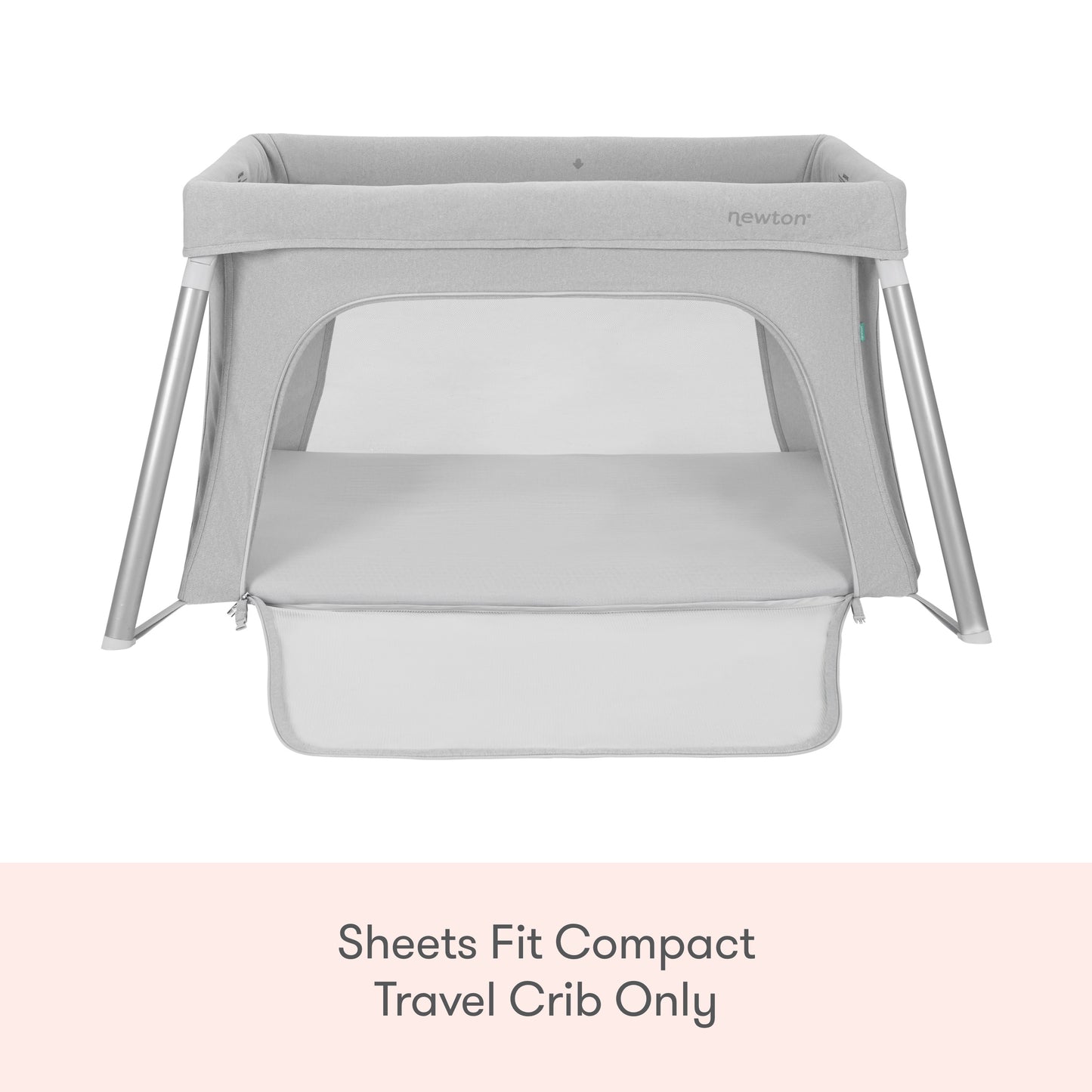 A set of gray Newton Baby Compact Travel Crib Sheets on a light background, with text: Fits compact travel crib sheets or play yard mattress sheets only.