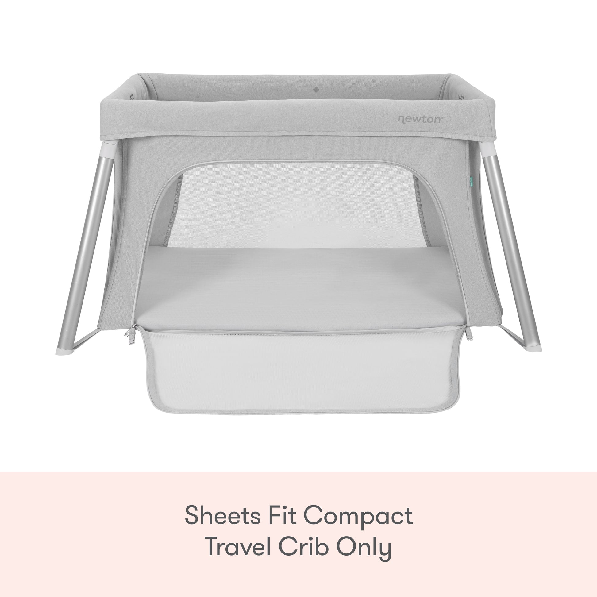 A set of gray Newton Baby Compact Travel Crib Sheets on a light background, with text: Fits compact travel crib sheets or play yard mattress sheets only.
