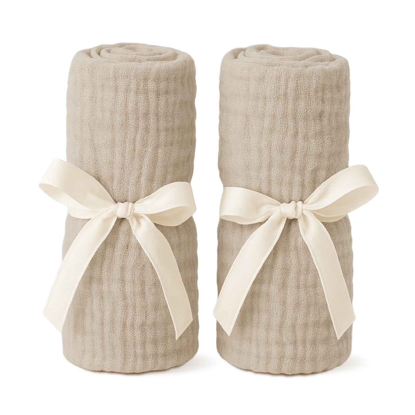 Two rolled-up Sandstone sheets for Compact Travel Crib with white ribbons on a white background. 999-5003-SAN