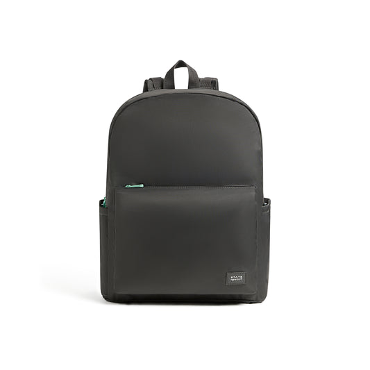 The Newton Lorimer Diaper Bag by Newton Baby is a sleek black bag with a front zippered pocket, two side pockets, and a top handle, shown on a plain white background.