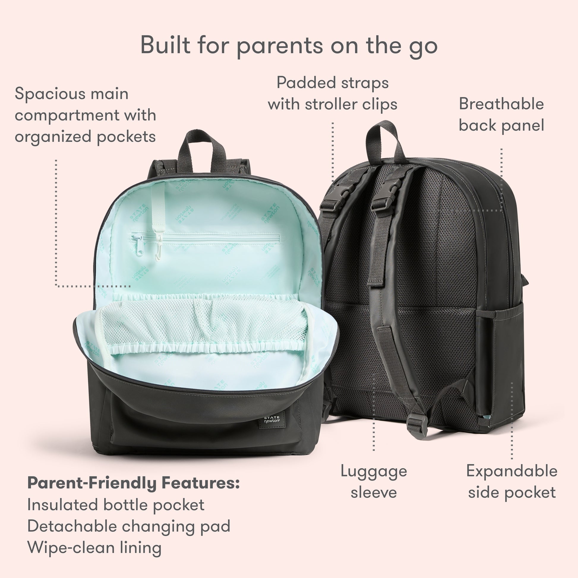 Two black Newton Lorimer Diaper Bags by Newton Baby are shown—one reveals a spacious, mint-green interior, while the other displays padded straps, a luggage sleeve, and breathable back. Text highlights the parent-friendly pockets and features.