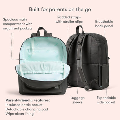Two black Newton Lorimer Diaper Bags by Newton Baby are shown—one reveals a spacious, mint-green interior, while the other displays padded straps, a luggage sleeve, and breathable back. Text highlights the parent-friendly pockets and features.