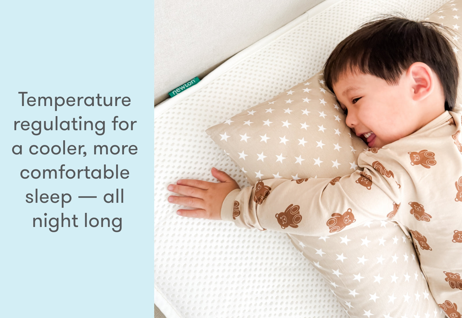 A young child smiling while sleeping on a breathable Newton mattress with a pillow, underneath text stating "Temperature regulating for a cooler, more comfortable sleep — all night long."