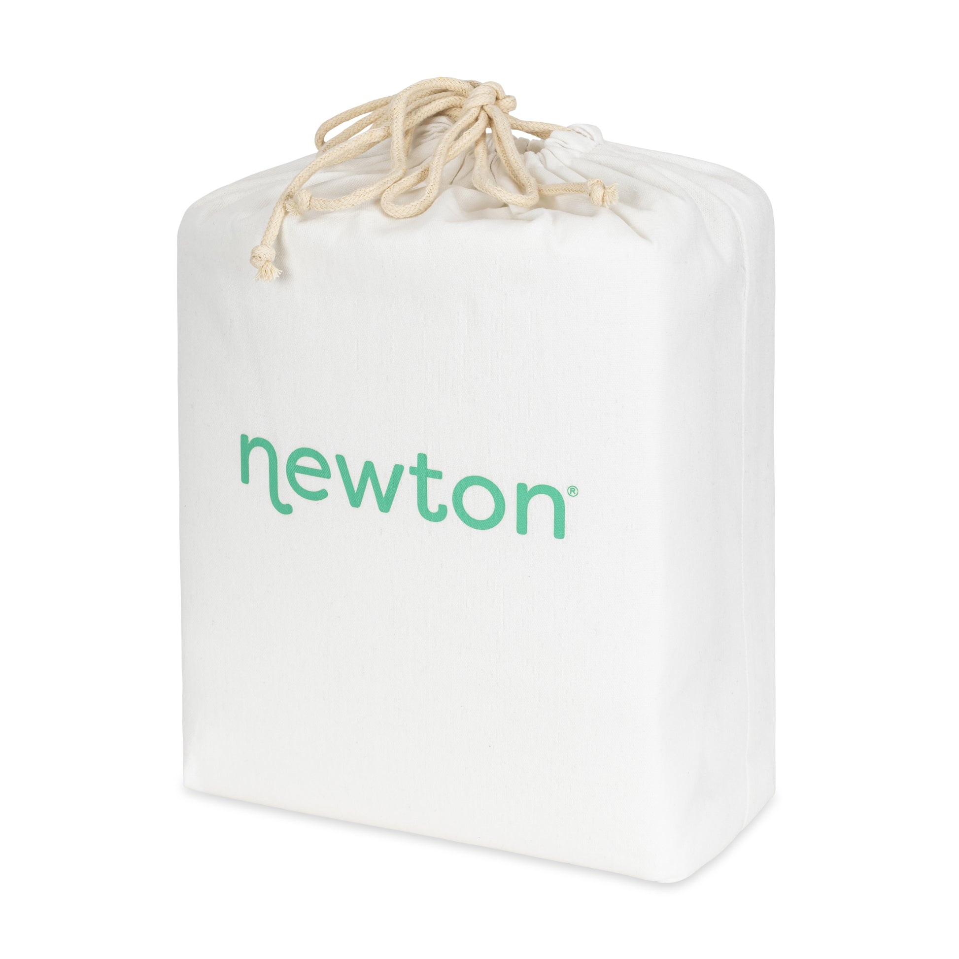 A soft, white drawstring bag with "newton" in green lowercase on the front, ideal for storing your Newton Baby Waterproof Organic Twin Mattress Pad. The rectangular bag closes neatly at the top to keep your pad protected and organized.