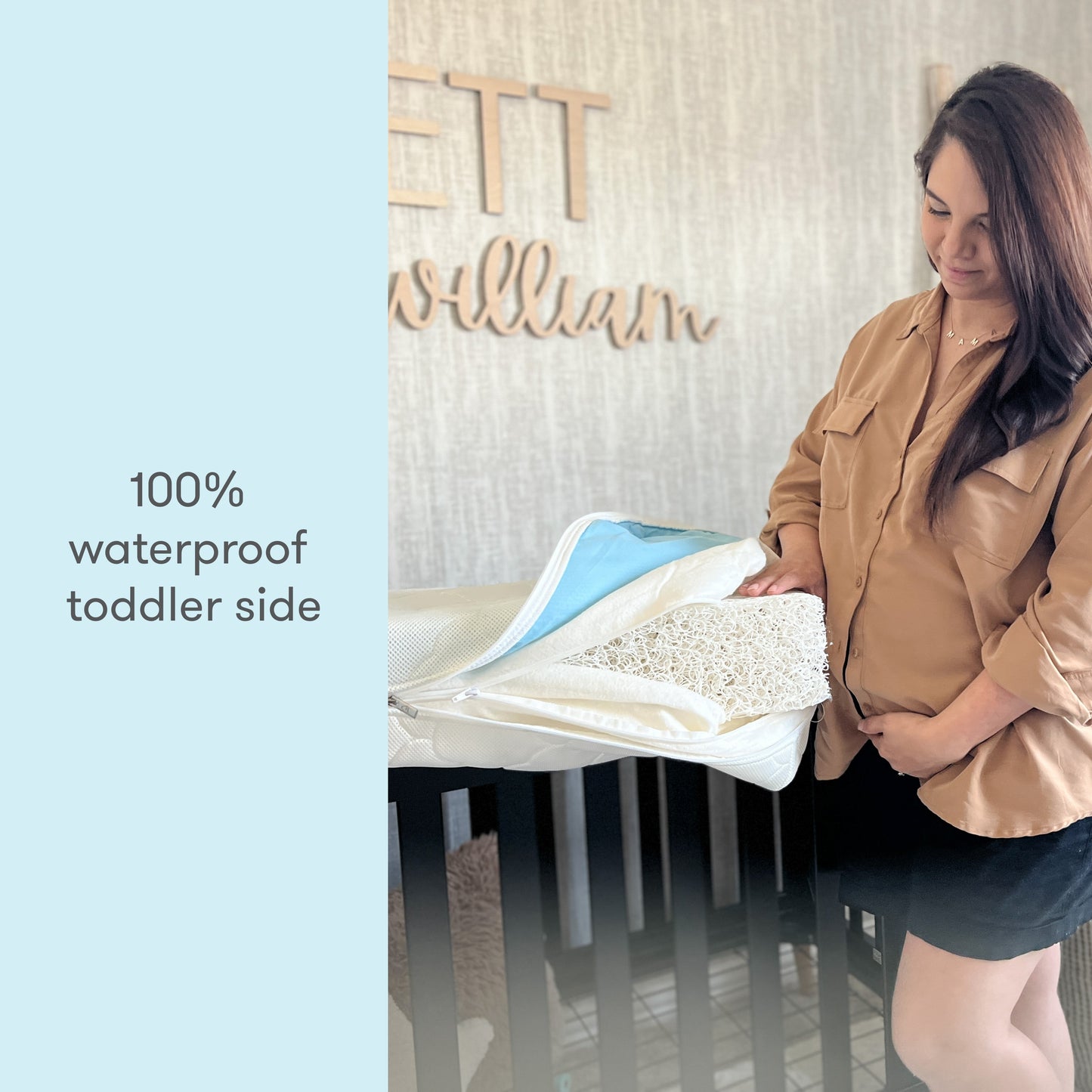 mom displaying newton wovenaire core in nursery with text "100% waterproof toddler side"