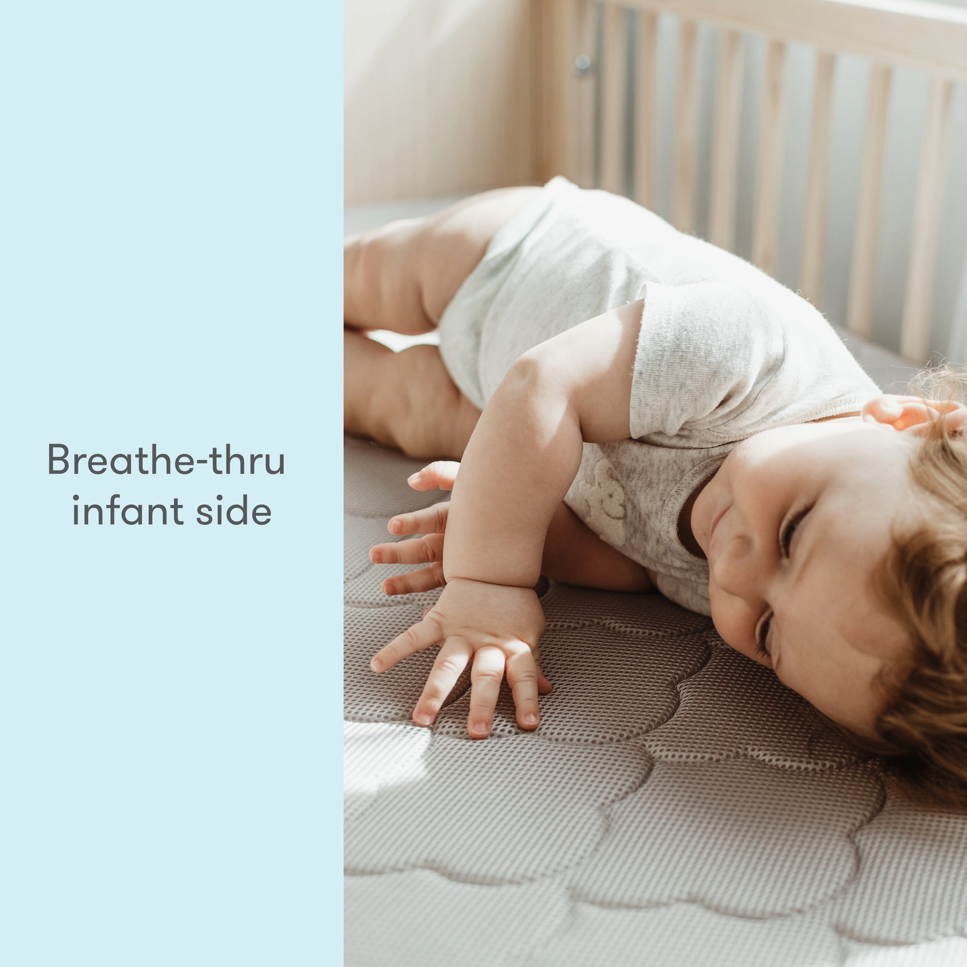 baby lying on grey waterproof newton mattress, with text "breathe-thru infant side"