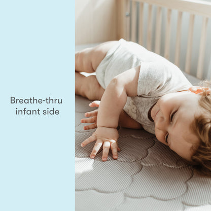 baby lying on grey waterproof newton mattress, with text "breathe-thru infant side"