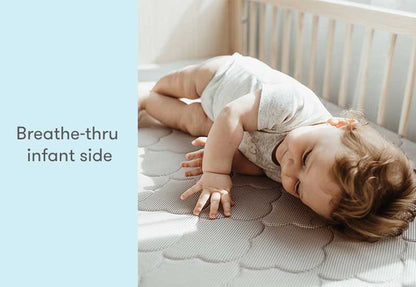 Infant lying on a breathable crib mattress with text "Breathe-thru infant side."