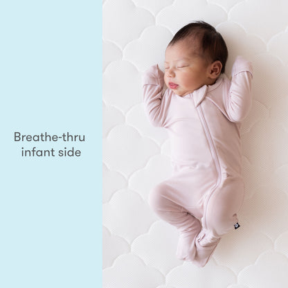 baby lying on back on mattress with text "breathe-thru infant side"