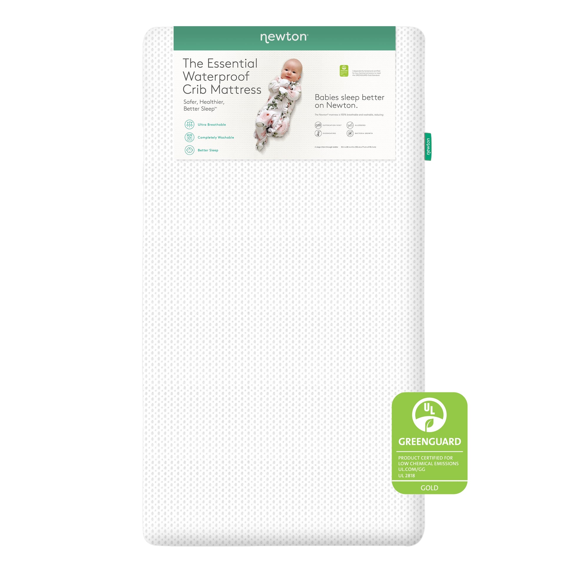 The Newton Baby Essential Waterproof Crib Mattress features a white, dotted cover. Its label shows a baby with product details, and a GREEN GUARD Gold certification badge is at the bottom right corner.