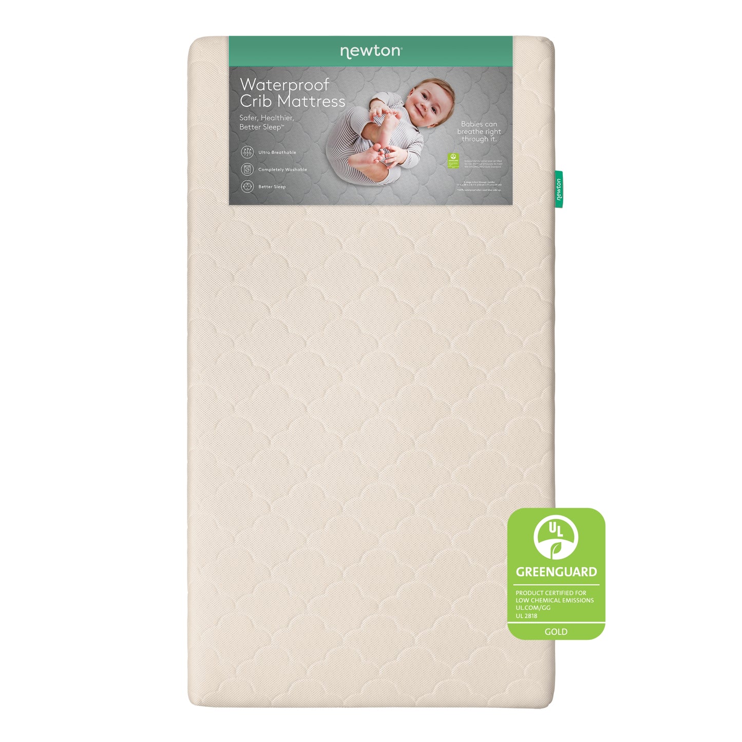 The Newton Baby Waterproof Crib Mattress features a cream color, patterned surface, and emphasizes breathability and safety. Packaging shows a smiling baby, GREENGUARD Gold badge, and highlights its washable waterproof cover.