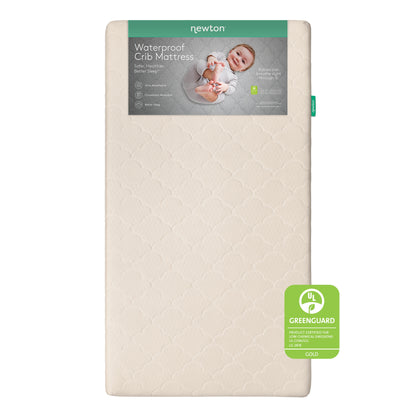The Newton Baby Waterproof Crib Mattress features a cream color, patterned surface, and emphasizes breathability and safety. Packaging shows a smiling baby, GREENGUARD Gold badge, and highlights its washable waterproof cover.