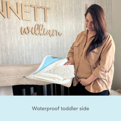 A woman unzips the washable cover of the Newton Baby Waterproof Crib Mattress to reveal its layers. Wall decor displaying "Bennett" and "William" is in the background. Text reads: Waterproof toddler side.