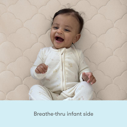A smiling baby in a light onesie sits on a beige, scalloped surface. Text below reads: Newton Baby Waterproof Crib Mattress with breathe-thru breathable side.