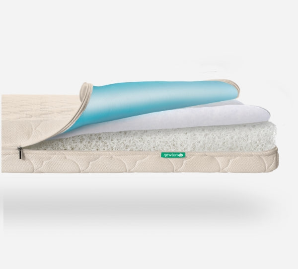 A cross-section of the Newton Baby Waterproof Crib Mattress shows four layers: a quilted washable cover, blue cooling layer, white support layer, and breathable mesh core, plus a green Newton label on the side.