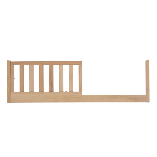 Side rail of a wooden crib made from natural wood, simple and modern design, isolated on a white background.