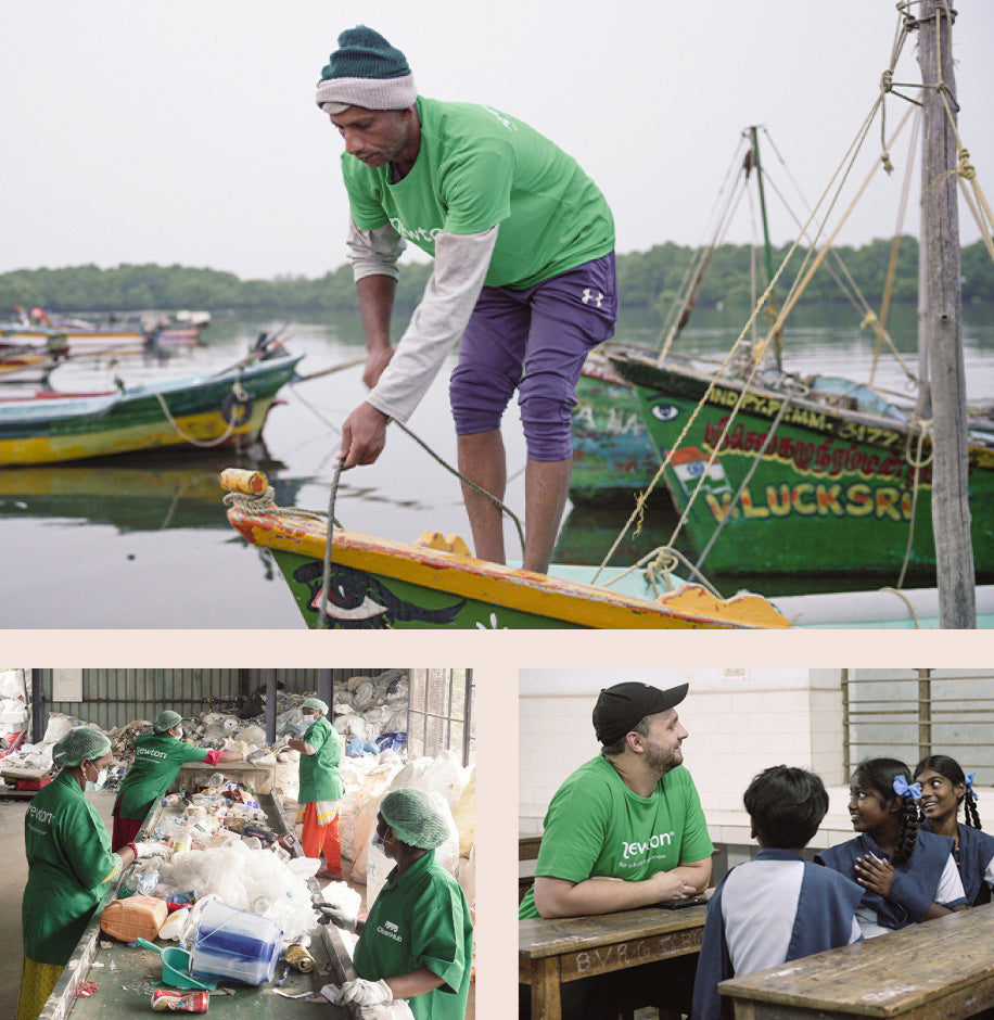 A triptych of purpose—boat maintenance, waste management, and education—united by community spirit.