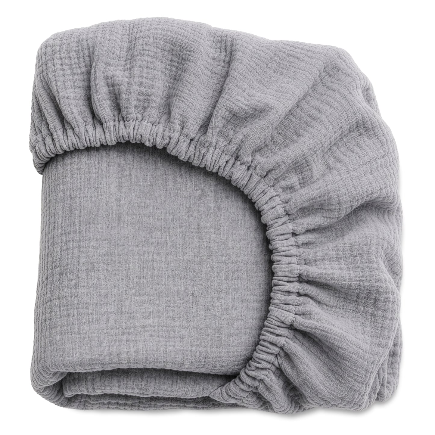 A pair of light gray, breathable Newton Baby Organic Cotton Sheets (2-pack) with elastic edges, made from soft textured fabric, is neatly folded and displayed against a plain white background.