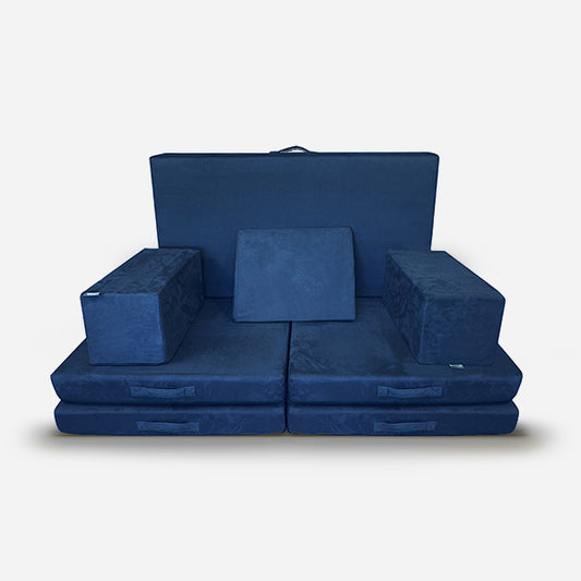 Versatile blue children's foam play couch with multiple pieces for creative configurations. skip