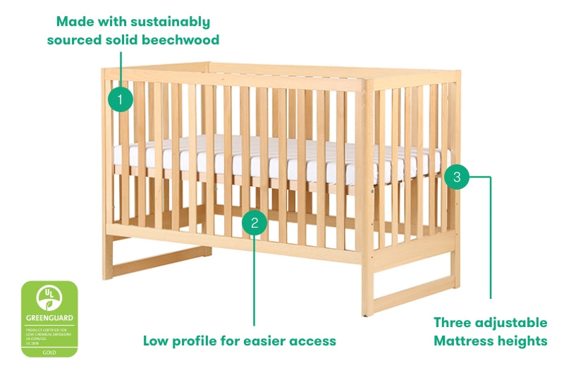 A sustainable solid beechwood crib featuring a low profile for easier access and three adjustable mattress heights, marked with labels "1", "2", and "3"; text includes "Made with sustainably sourced solid beechwood", "Low profile for easier access", and "Three adjustable Mattress heights". Additionally, there’s a green "Greenguard" certification logo on the left.