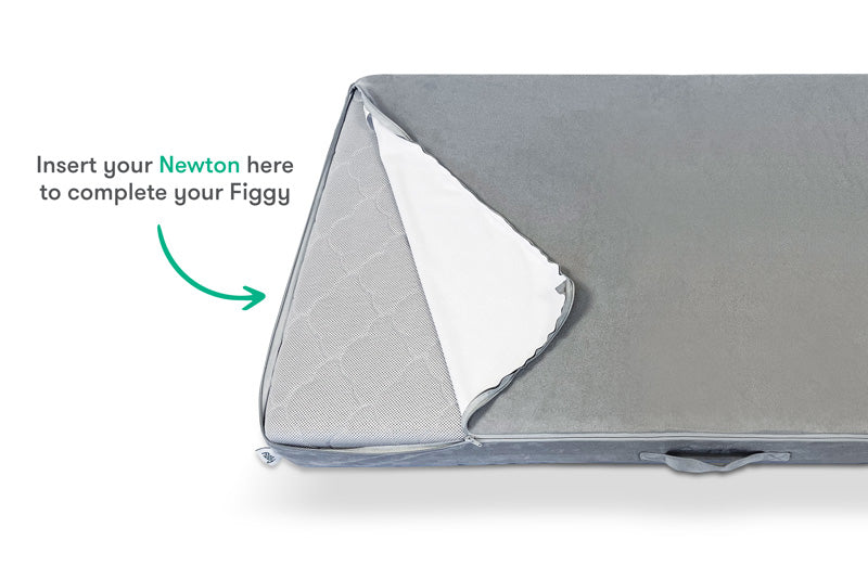 A gray Newton baby mattress with a lifted corner showing a white interior layer, highlighted by text: "Insert your Newton here to complete your Figgy."