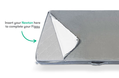 A gray Newton baby mattress with a lifted corner showing a white interior layer, highlighted by text: "Insert your Newton here to complete your Figgy."